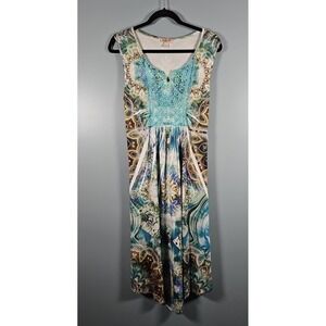 One World Women's Shades Of Brown Blue Green Boho Mini Dress Lace Accent Size M